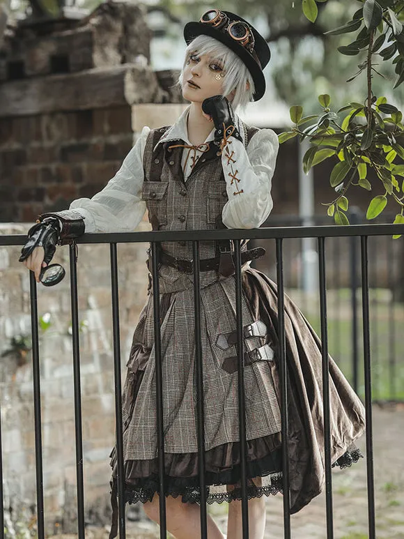 Steampunk Lolita SK 2-Piece Set Infanta Coffee Brown Metal Details Cotton Blend Velour Lolita Overskirt Outfits