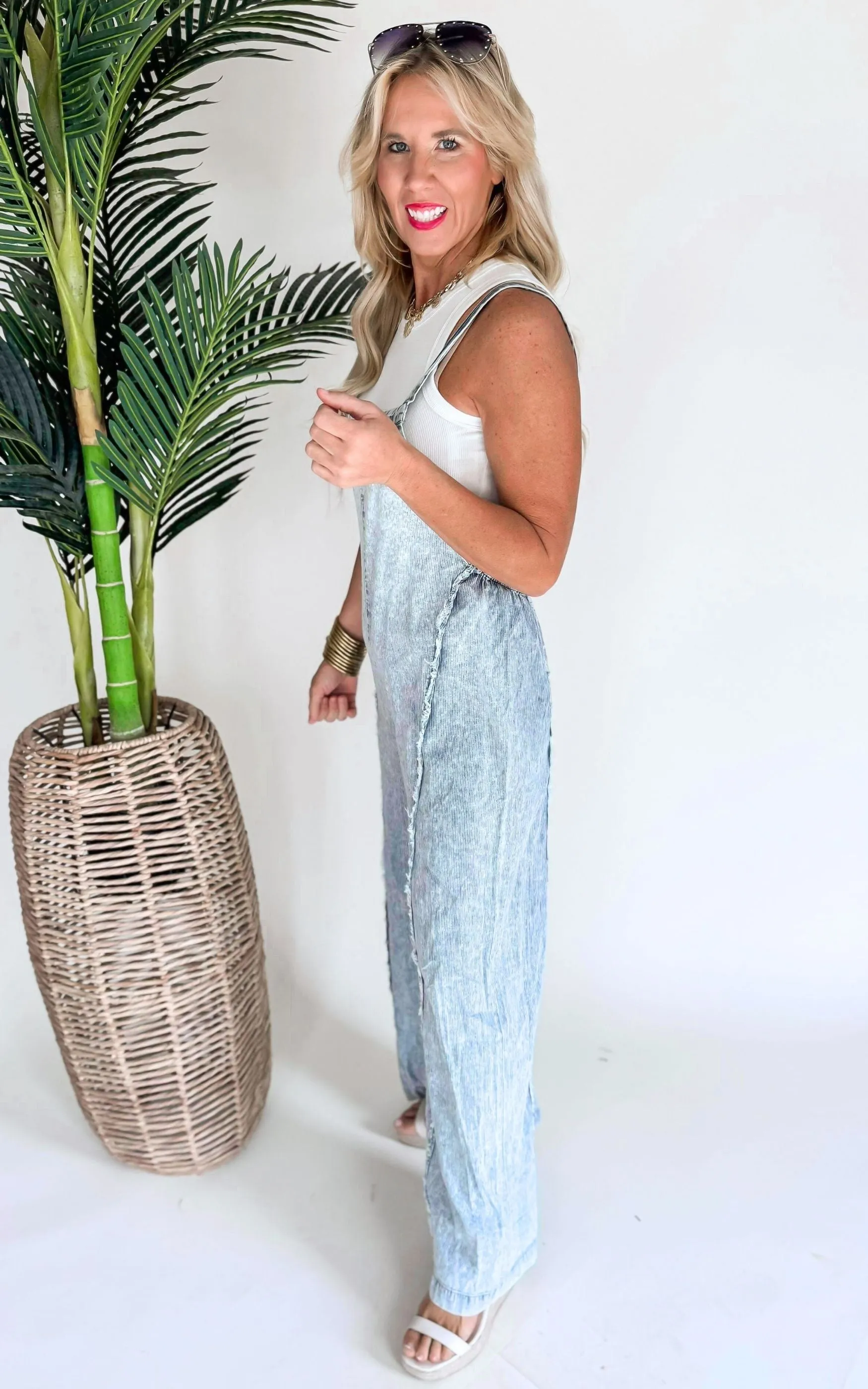 Stone Washed Pinstripe Jumpsuit - Final Sale
