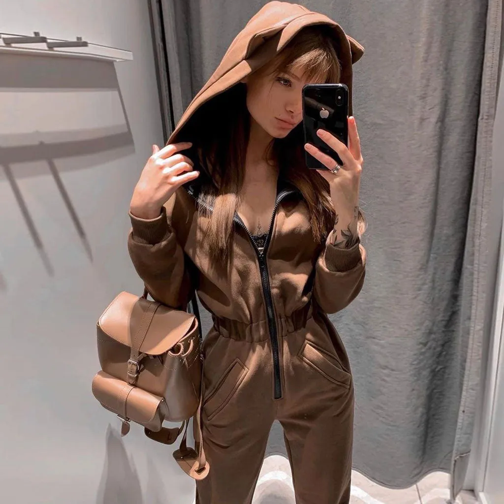 Style Kitty Hooded Zip Up Long Sleeve Jumpsuit - Khaki