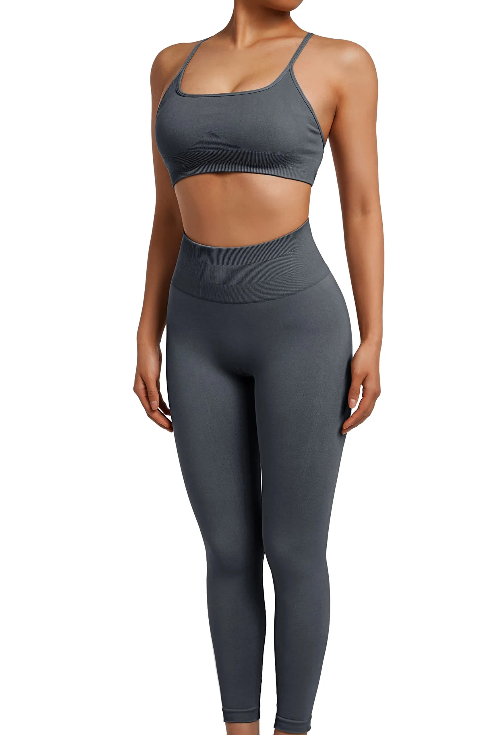 SUUKSESS Women Seamless 2 piece Workout Sets Strappy Padded Sports Bra Booty High Waisted Leggings Outfits (Blue)