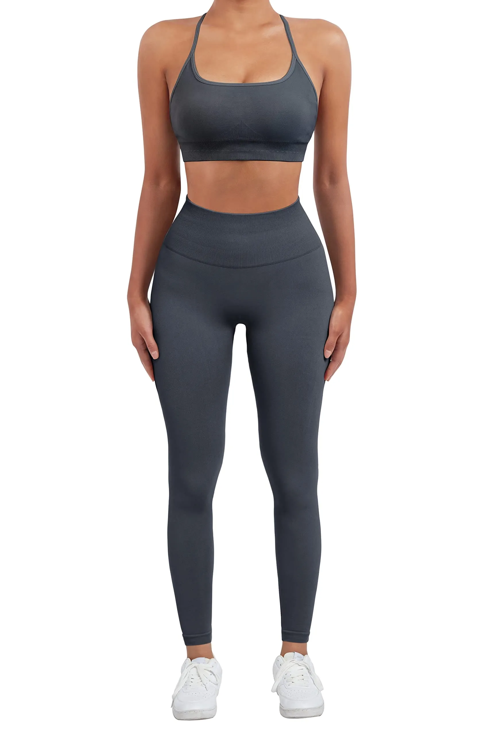 SUUKSESS Women Seamless 2 piece Workout Sets Strappy Padded Sports Bra Booty High Waisted Leggings Outfits (Blue)