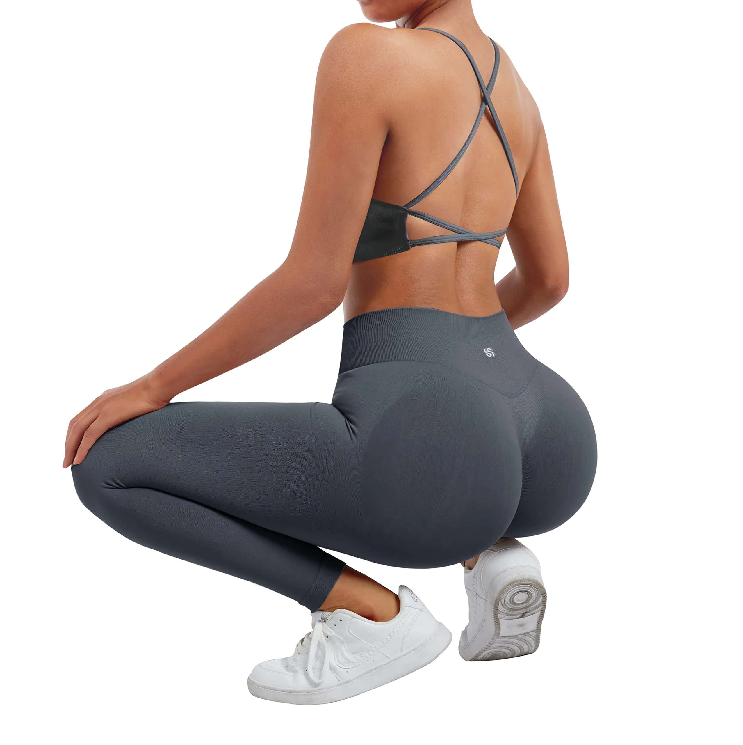 SUUKSESS Women Seamless 2 piece Workout Sets Strappy Padded Sports Bra Booty High Waisted Leggings Outfits (Blue)