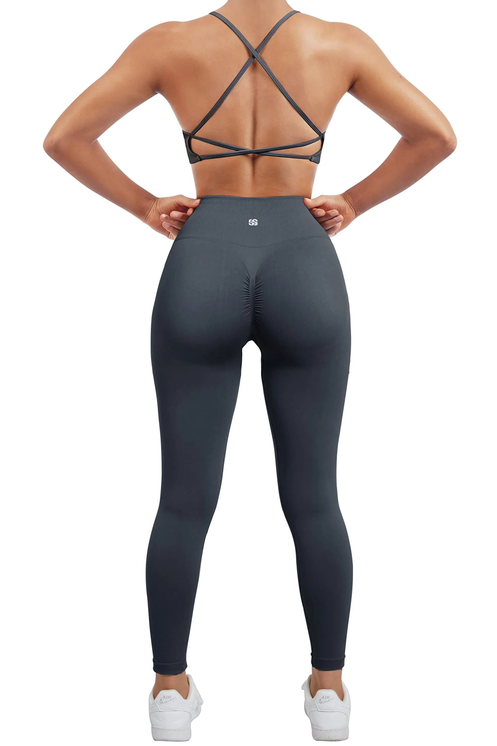 SUUKSESS Women Seamless 2 piece Workout Sets Strappy Padded Sports Bra Booty High Waisted Leggings Outfits (Blue)
