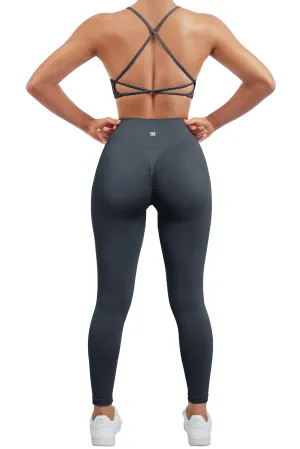 SUUKSESS Women Seamless 2 piece Workout Sets Strappy Padded Sports Bra Booty High Waisted Leggings Outfits (Blue)