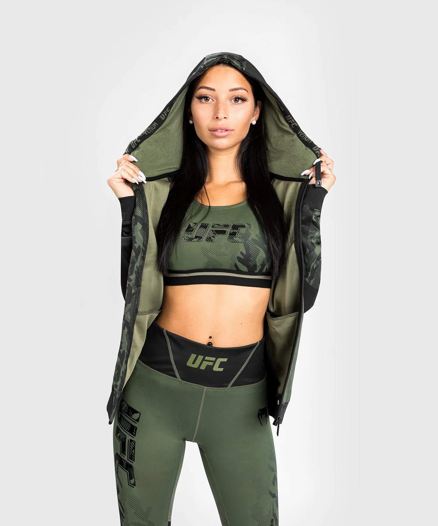 Sweatshirt Zippé Femme UFC Venum Authentic Fight Week - Kaki