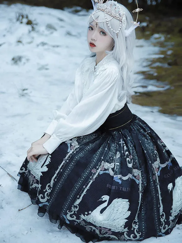 Sweet Lolita SK Dress Swan Pattern Ruffles Polyester Back Lolita Skirts