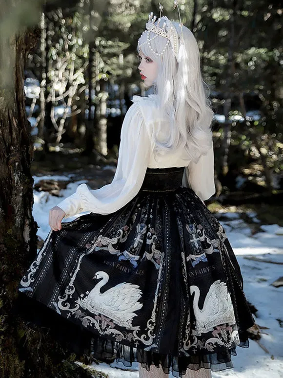 Sweet Lolita SK Dress Swan Pattern Ruffles Polyester Back Lolita Skirts