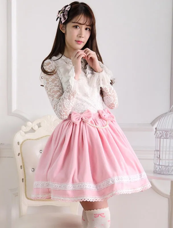 Sweet Pink Short Lolita Skirt with Whtie Trim Bows Pears