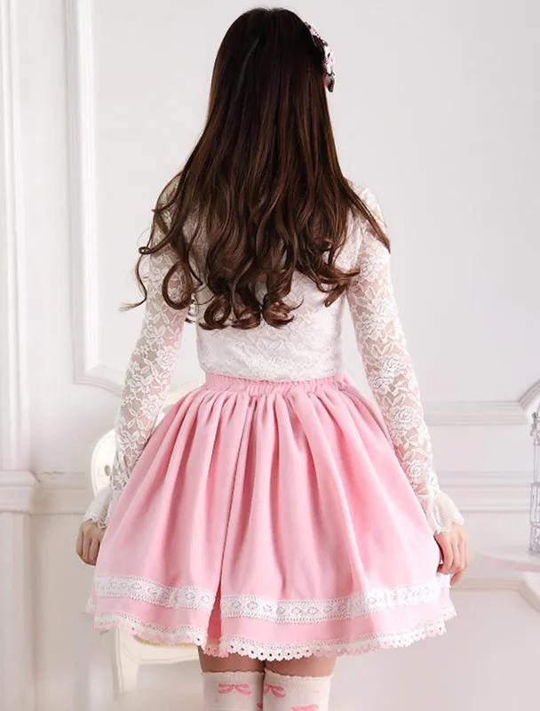 Sweet Pink Short Lolita Skirt with Whtie Trim Bows Pears