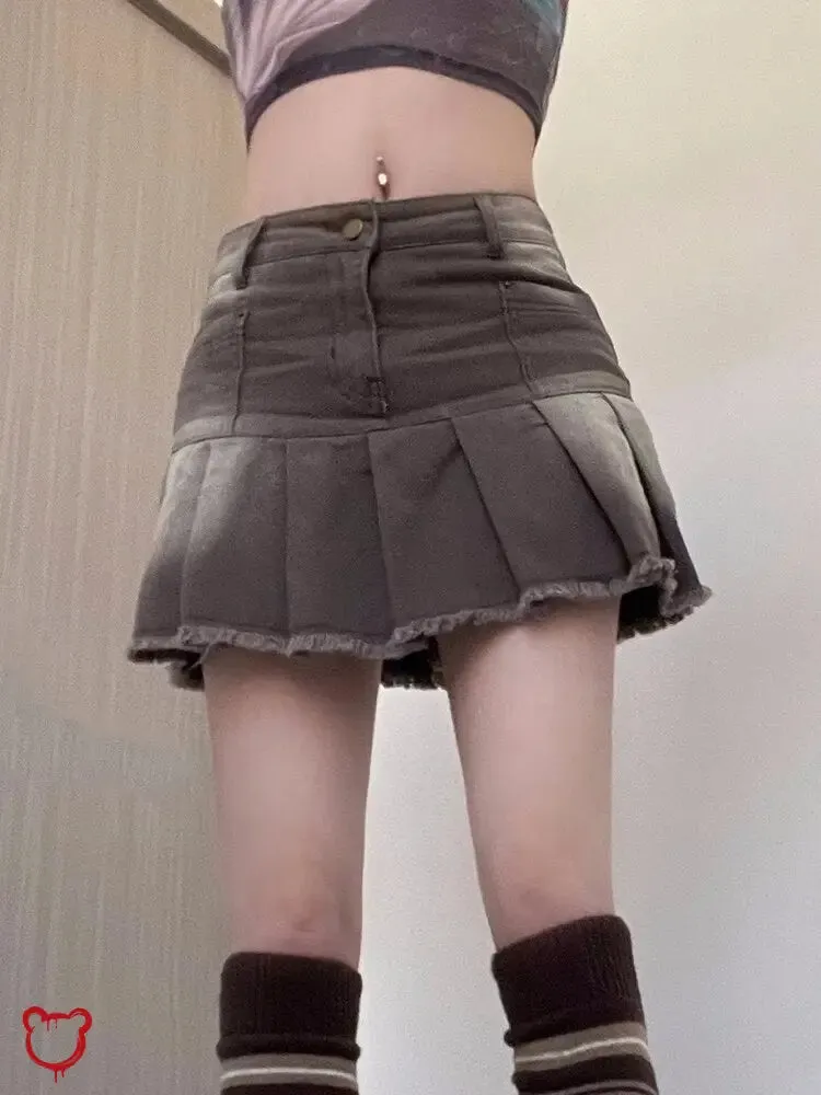 Tassel Denim Skirt: Grey/Brown, High Waist