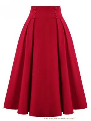 Vintage High Waist Midi Skirt Solid Color with Button Details