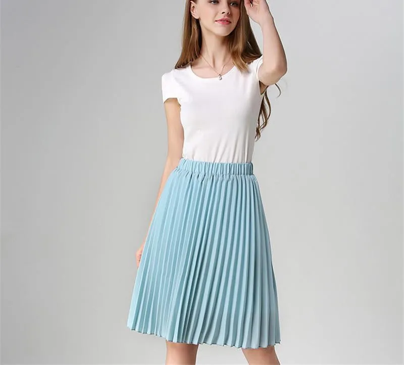 Vintage Tulle Skirt Tutu Midi Summer Skirts Womens Slim Elastic High Waist Skirt Jupe Longue Skater Skirt Pleated Skirts