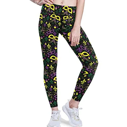 visesunny High Waist Yoga Pants with Pockets Mardi Gras Mask Feather Heart Confetti French Lily Tummy Control Workout Running Yoga Leggings for Women