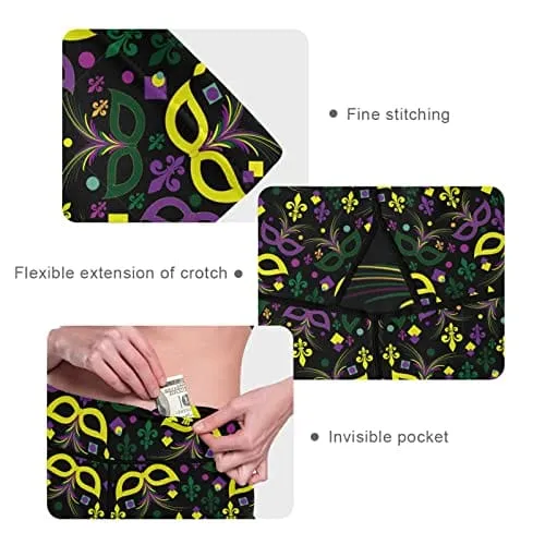 visesunny High Waist Yoga Pants with Pockets Mardi Gras Mask Feather Heart Confetti French Lily Tummy Control Workout Running Yoga Leggings for Women