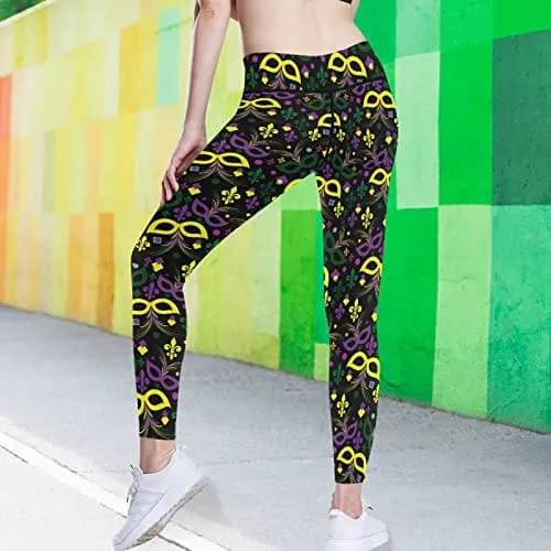 visesunny High Waist Yoga Pants with Pockets Mardi Gras Mask Feather Heart Confetti French Lily Tummy Control Workout Running Yoga Leggings for Women