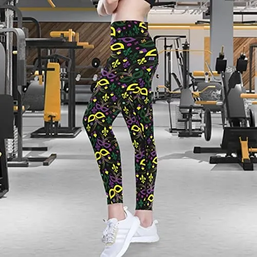 visesunny High Waist Yoga Pants with Pockets Mardi Gras Mask Feather Heart Confetti French Lily Tummy Control Workout Running Yoga Leggings for Women