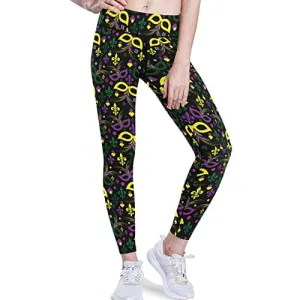visesunny High Waist Yoga Pants with Pockets Mardi Gras Mask Feather Heart Confetti French Lily Tummy Control Workout Running Yoga Leggings for Women