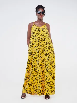 Vivo Zola Strappy Jumpsuit - Black / Mustard Leaf Print