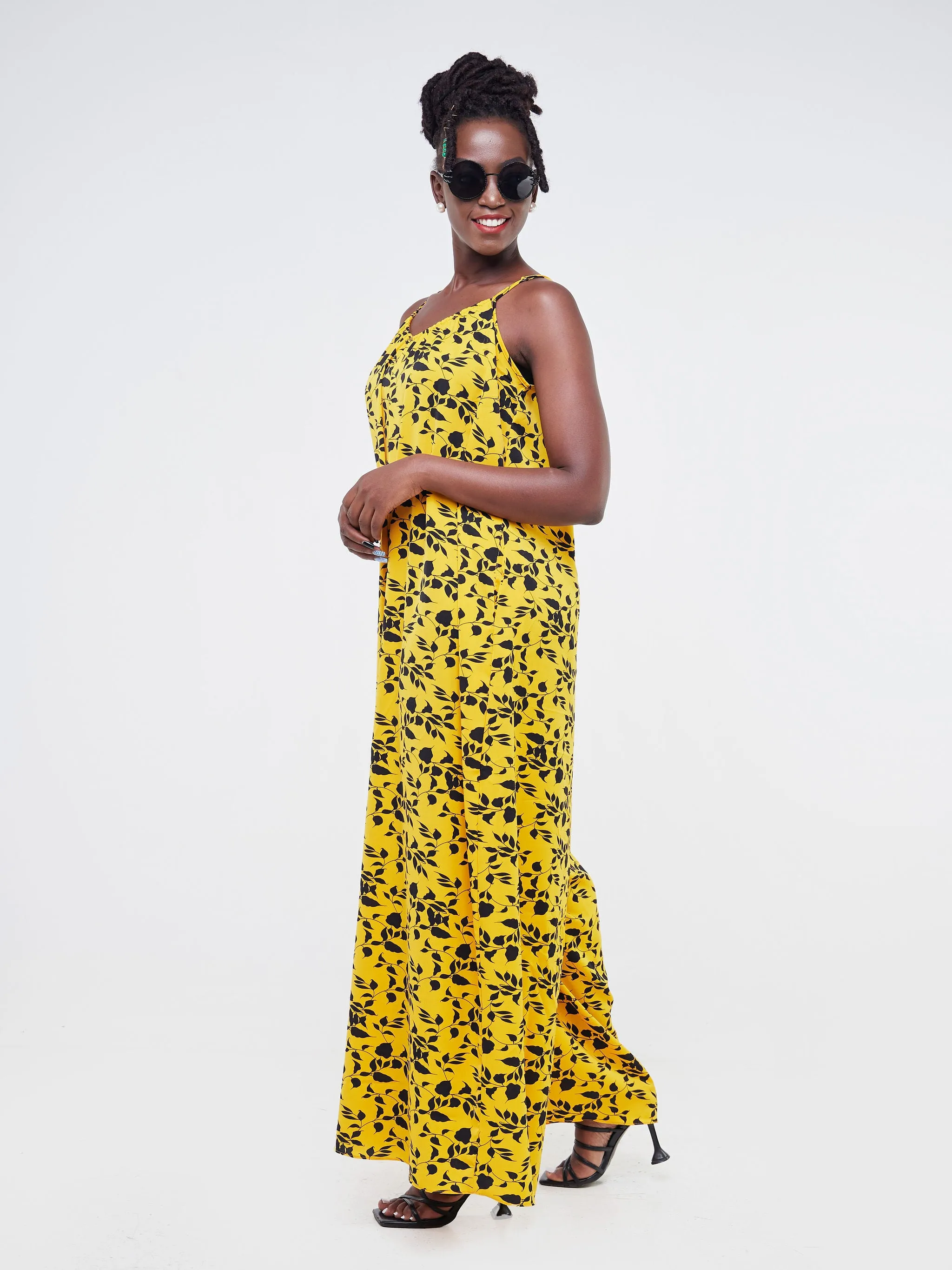 Vivo Zola Strappy Jumpsuit - Black / Mustard Leaf Print
