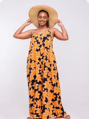 Vivo Zola Strappy Jumpsuit - Black / Orange Floral Print