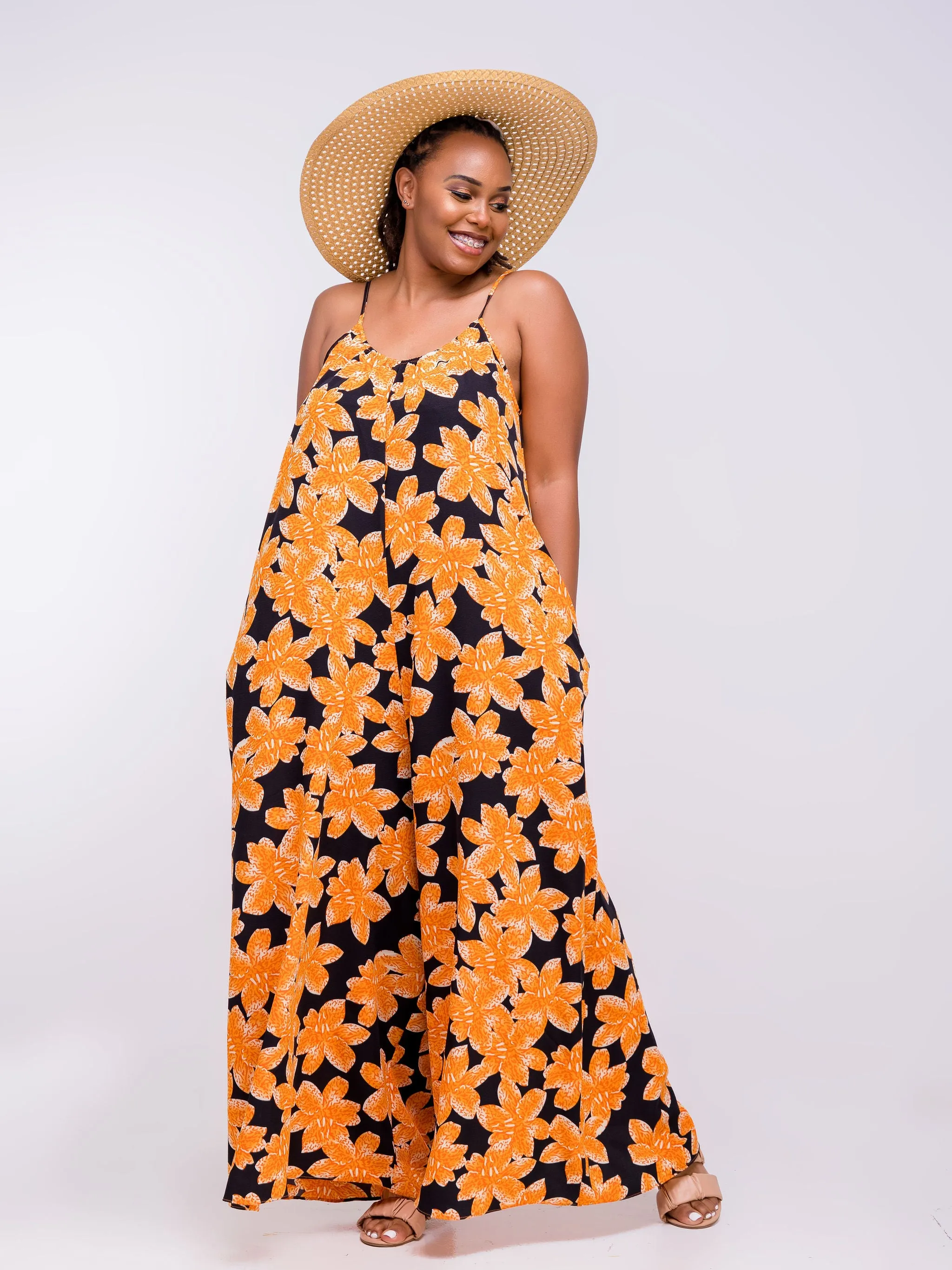Vivo Zola Strappy Jumpsuit - Black / Orange Floral Print