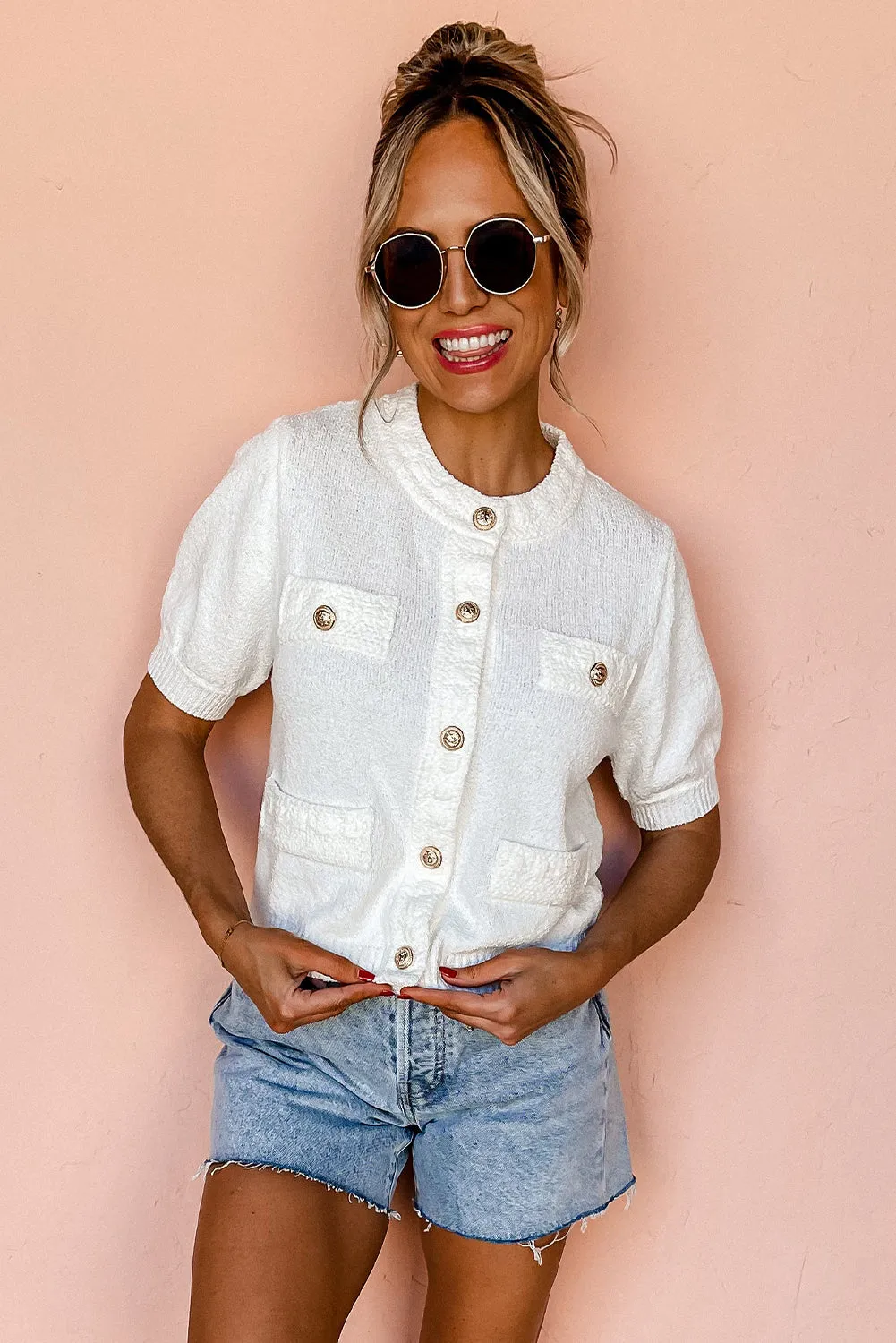 White Short Sleeve Button Detail Lightweight Knitted Shirt