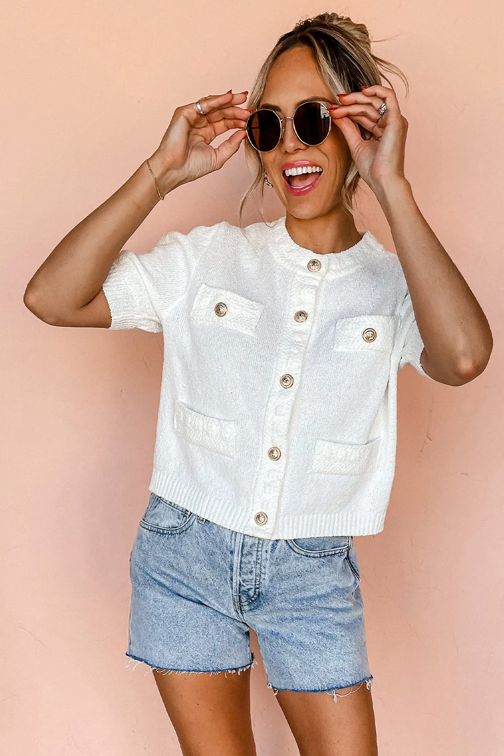 White Short Sleeve Button Detail Lightweight Knitted Shirt
