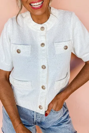 White Short Sleeve Button Detail Lightweight Knitted Shirt