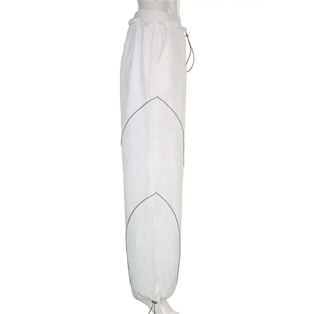 White sports Y2K pants with reflective stripes