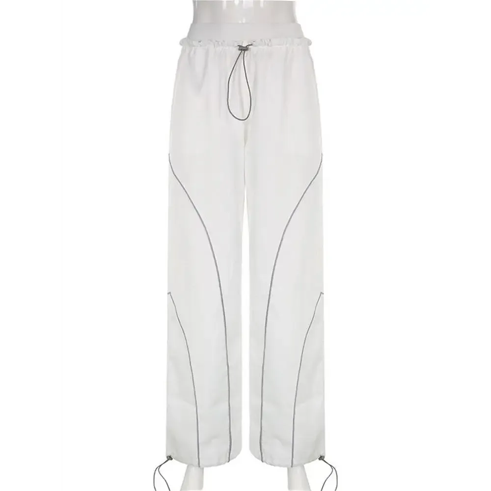 White sports Y2K pants with reflective stripes