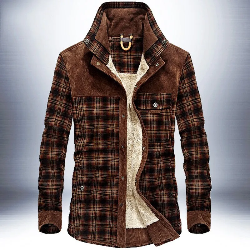 Winter Men's Thicken Warm Fleece Coats, Pure Cotton Plaid Jacket Military Style Fancy Clothing
