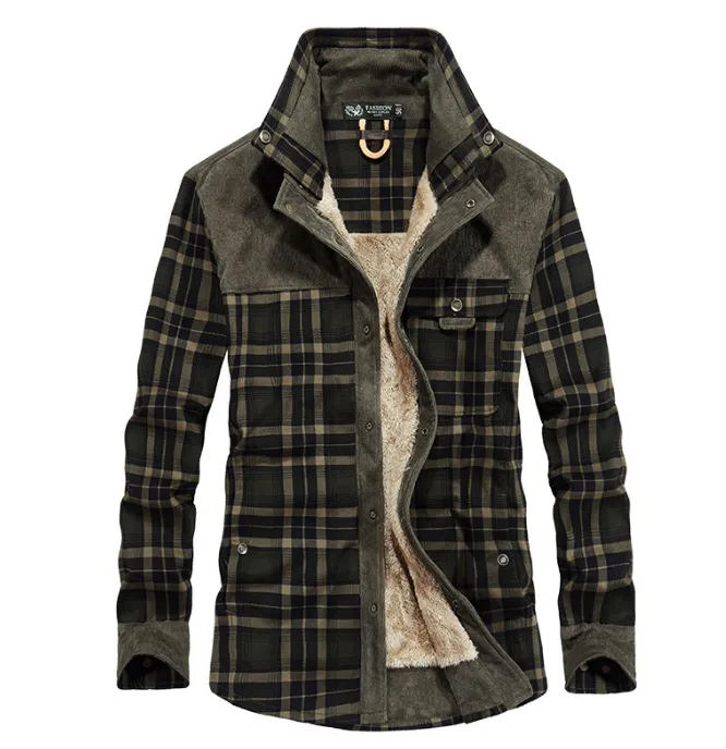 Winter Men's Thicken Warm Fleece Coats, Pure Cotton Plaid Jacket Military Style Fancy Clothing