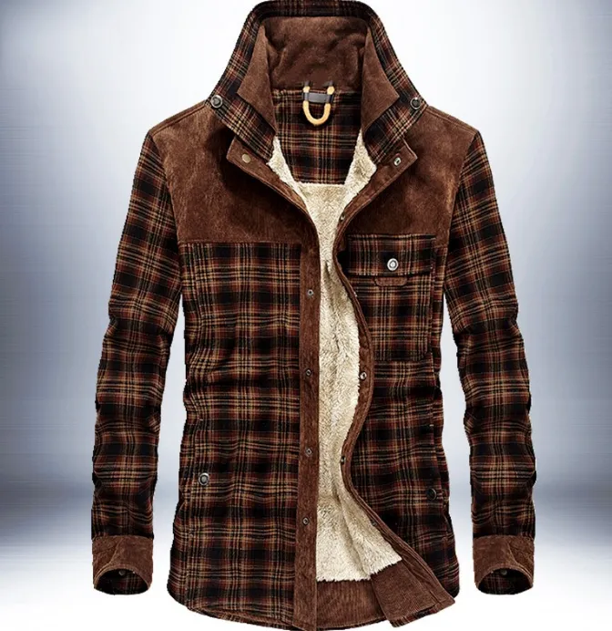 Winter Men's Thicken Warm Fleece Coats, Pure Cotton Plaid Jacket Military Style Fancy Clothing