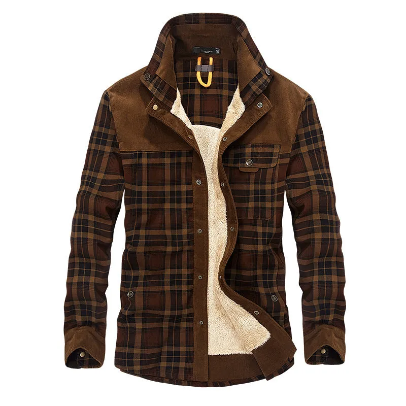 Winter Men's Thicken Warm Fleece Coats, Pure Cotton Plaid Jacket Military Style Fancy Clothing