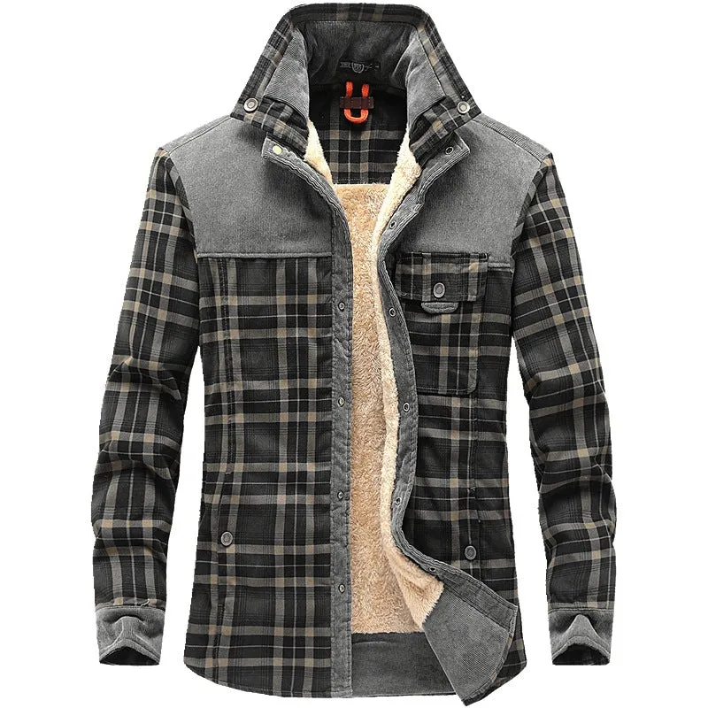 Winter Men's Thicken Warm Fleece Coats, Pure Cotton Plaid Jacket Military Style Fancy Clothing