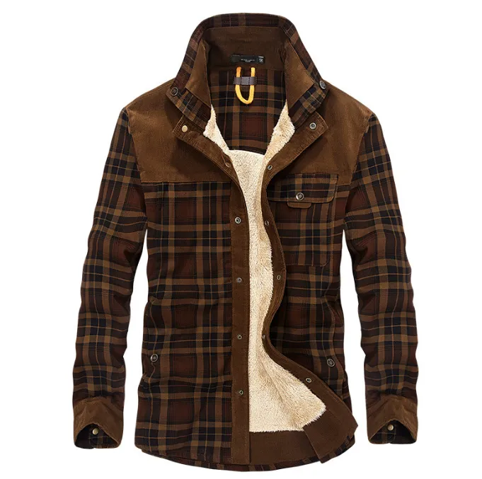 Winter Men's Thicken Warm Fleece Coats, Pure Cotton Plaid Jacket Military Style Fancy Clothing