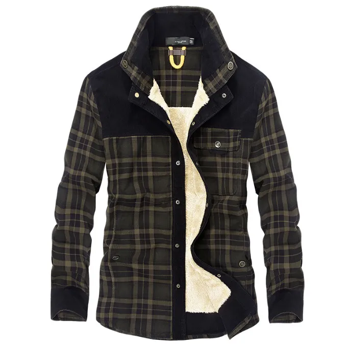 Winter Men's Thicken Warm Fleece Coats, Pure Cotton Plaid Jacket Military Style Fancy Clothing
