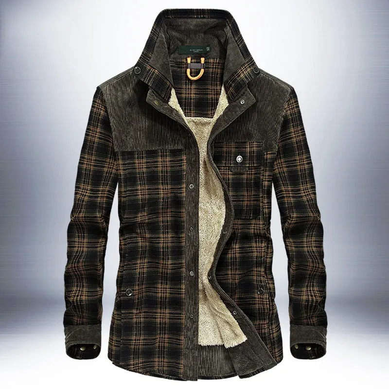 Winter Men's Thicken Warm Fleece Coats, Pure Cotton Plaid Jacket Military Style Fancy Clothing