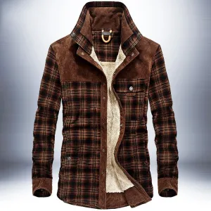 Winter Men's Thicken Warm Fleece Coats, Pure Cotton Plaid Jacket Military Style Fancy Clothing