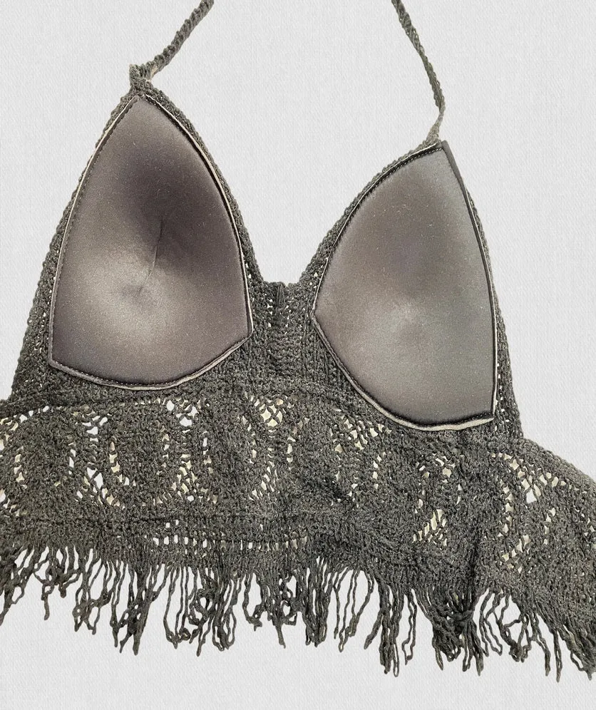 Women Crochet Crop Top Halter Bikini Cami Top Bralette Boho Hippie Tie Back Circle Tassel