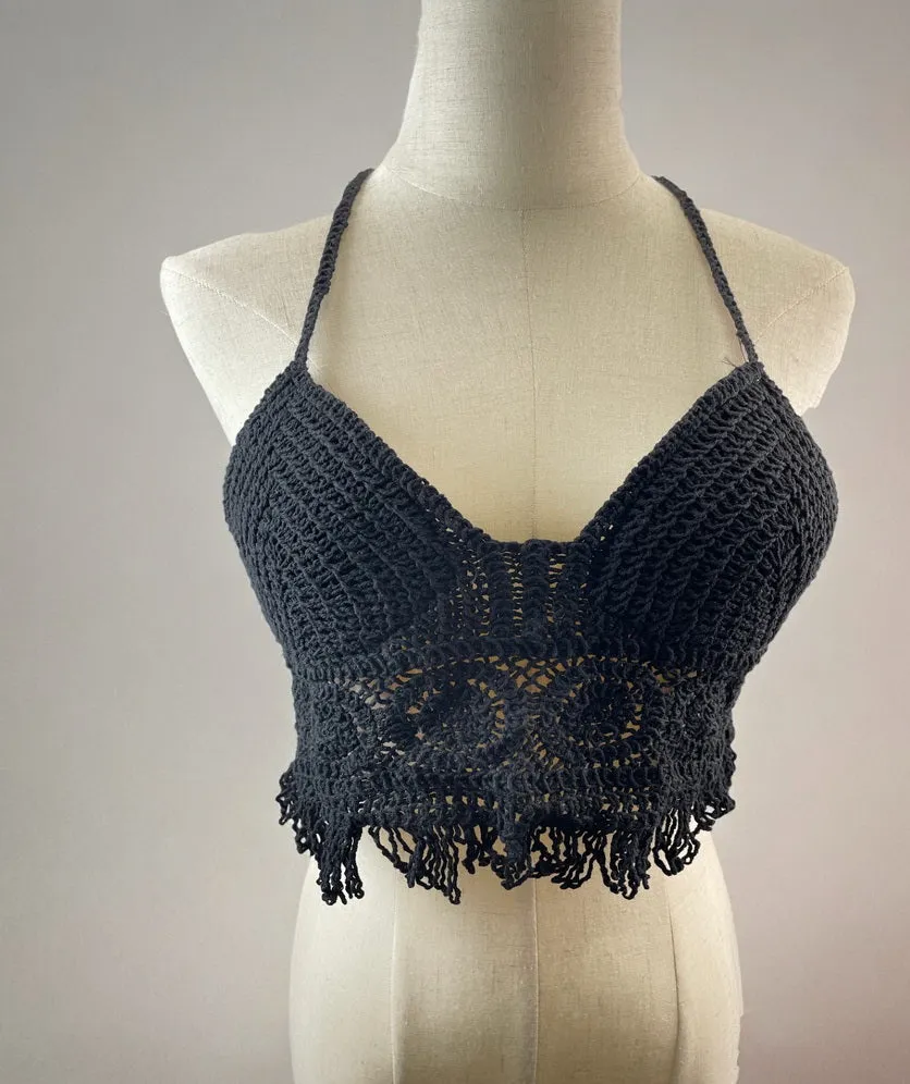 Women Crochet Crop Top Halter Bikini Cami Top Bralette Boho Hippie Tie Back Circle Tassel
