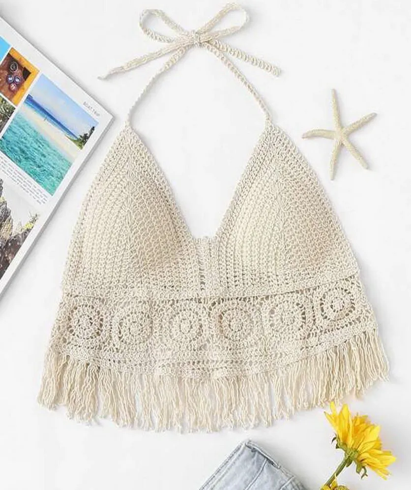 Women Crochet Crop Top Halter Bikini Cami Top Bralette Boho Hippie Tie Back Circle Tassel
