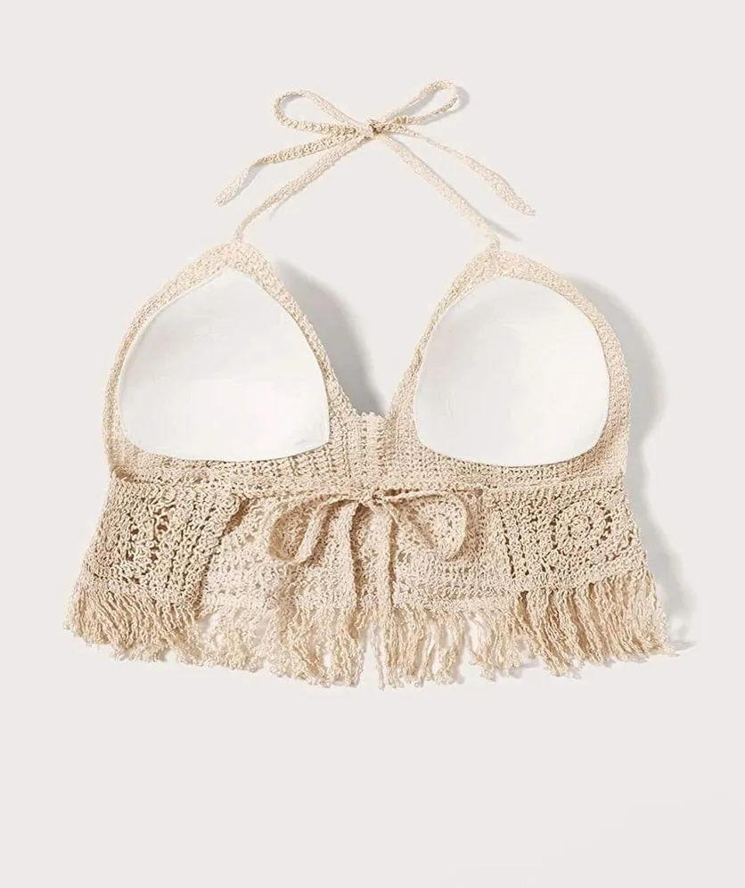 Women Crochet Crop Top Halter Bikini Cami Top Bralette Boho Hippie Tie Back Circle Tassel