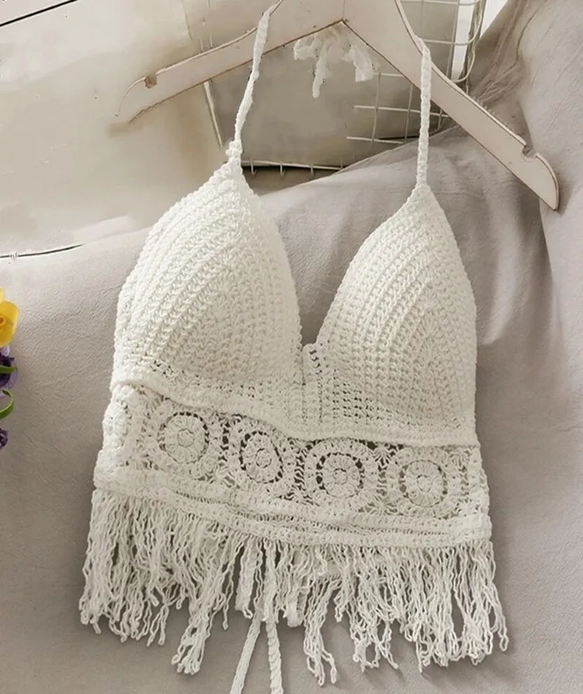Women Crochet Crop Top Halter Bikini Cami Top Bralette Boho Hippie Tie Back Circle Tassel
