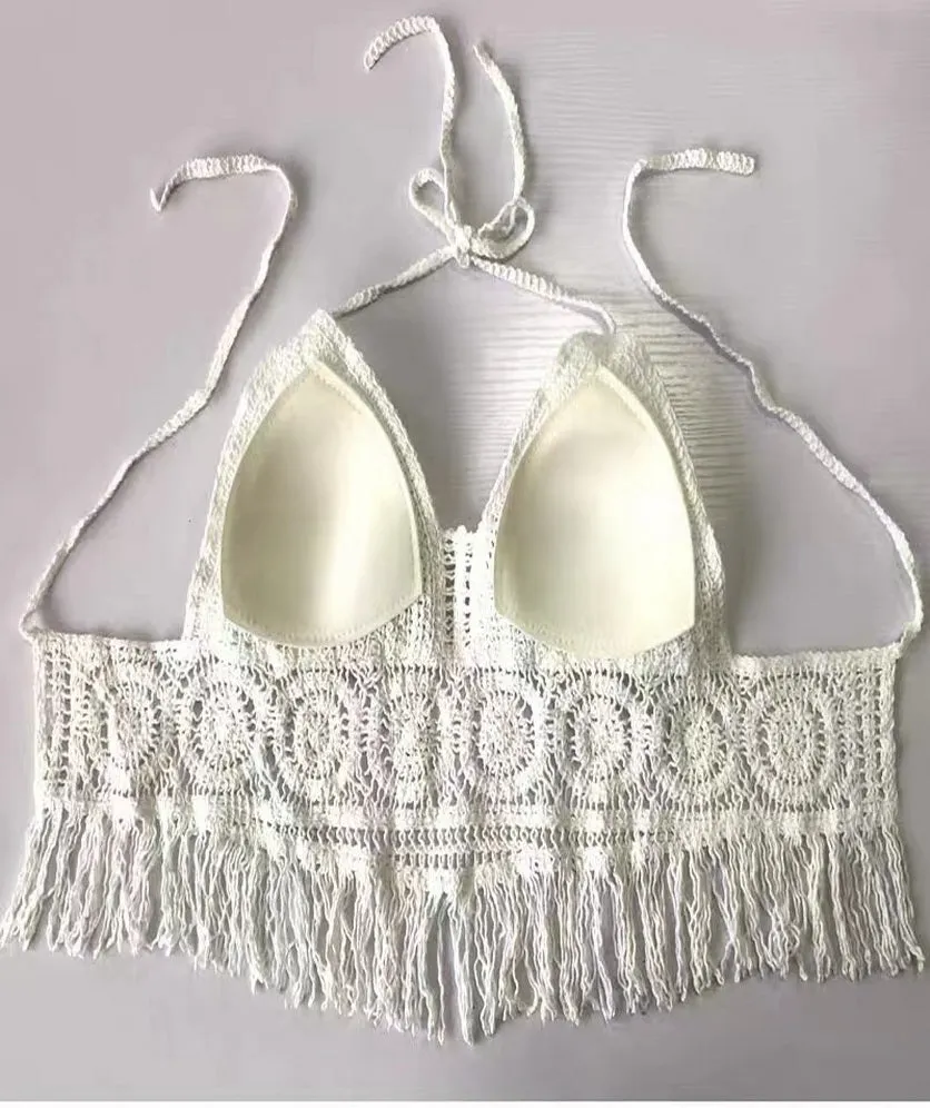 Women Crochet Crop Top Halter Bikini Cami Top Bralette Boho Hippie Tie Back Circle Tassel