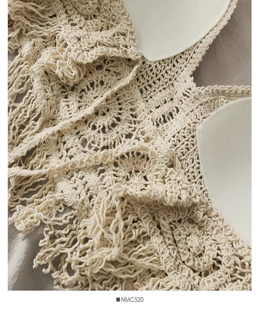 Women Crochet Crop Top Halter Bikini Cami Top Bralette Boho Hippie Tie Back Circle Tassel