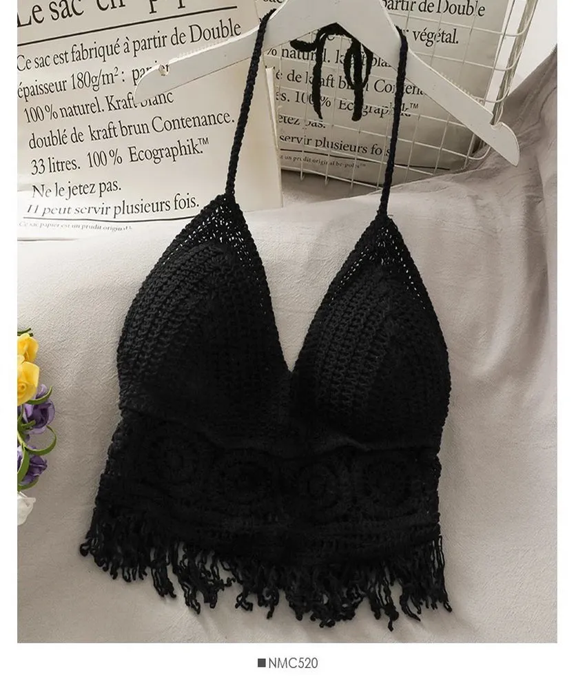 Women Crochet Crop Top Halter Bikini Cami Top Bralette Boho Hippie Tie Back Circle Tassel