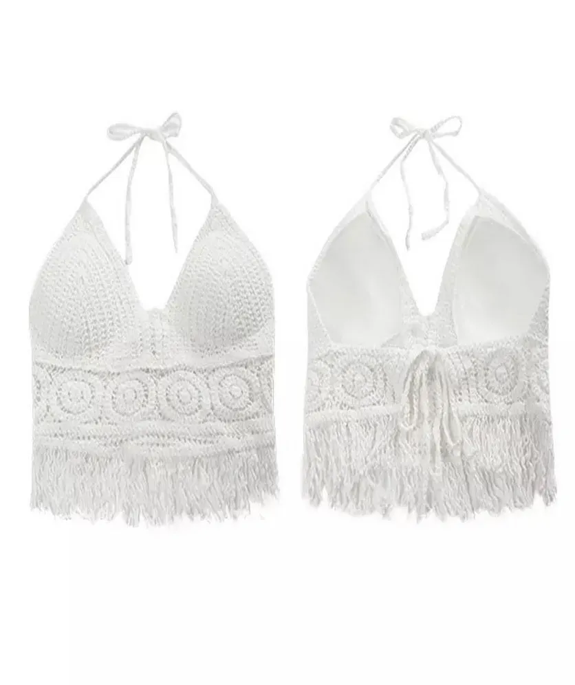 Women Crochet Crop Top Halter Bikini Cami Top Bralette Boho Hippie Tie Back Circle Tassel