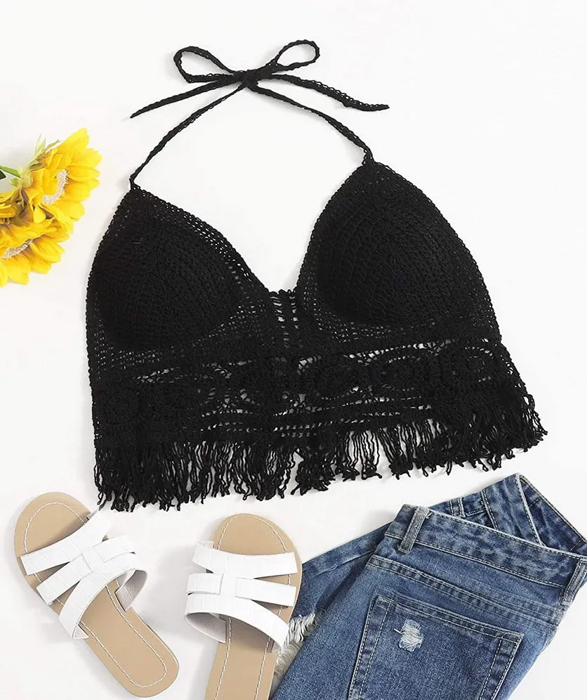 Women Crochet Crop Top Halter Bikini Cami Top Bralette Boho Hippie Tie Back Circle Tassel