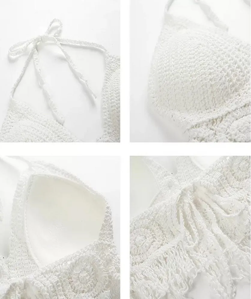 Women Crochet Crop Top Halter Bikini Cami Top Bralette Boho Hippie Tie Back Circle Tassel